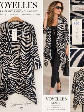 Zebra Print Kimono Jacket - Black & Cream (Size L)